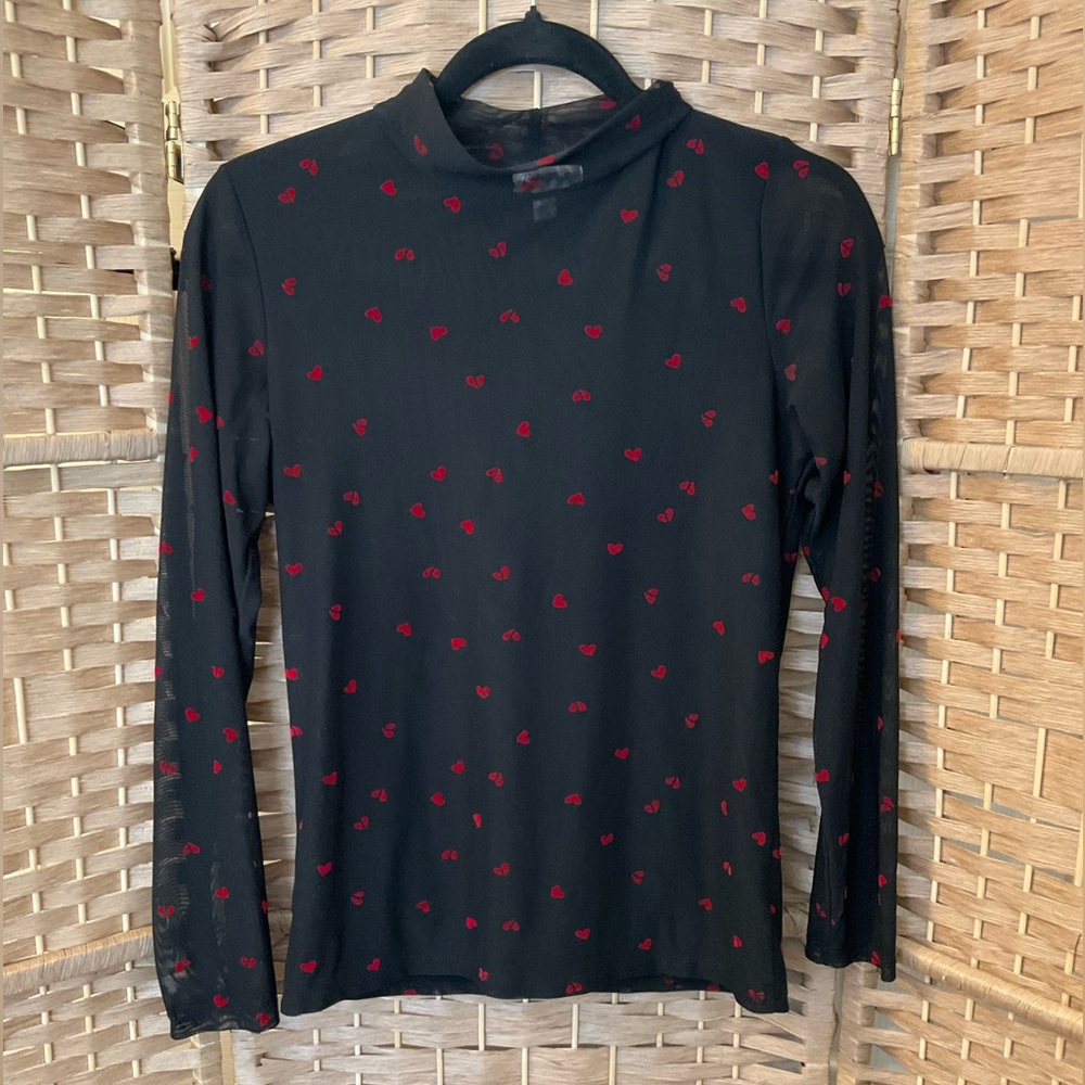 ❤️💔 Sheer Long Sleeve Top with Red Heart Print